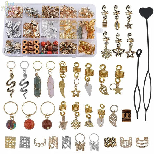 187Pcs Dreadlock Hair Accessories Kit, Including Gold/Silver Hair Cuffs, Spiral Coils, Crystal & Wooden Beads, Charms (Star, Butterfly, Leaf, Snowflake) & Topsy Tail Tools, Complete Decorative Set for Braids, Dreadlocks & Ponytails