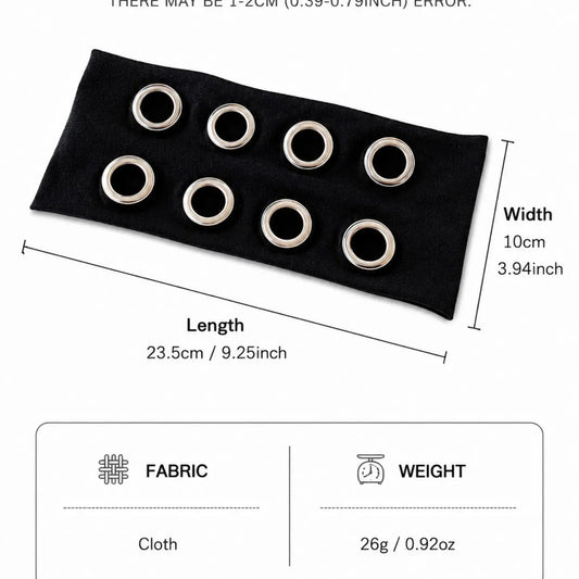 Y2K Punk Wide Stretch Headband for Women, Stretchy Headbands, Metal Grommet Eyelet, Gothic Streetwear, Elastic Fabric, Retro Grunge Fashion, Festival Party Accessory