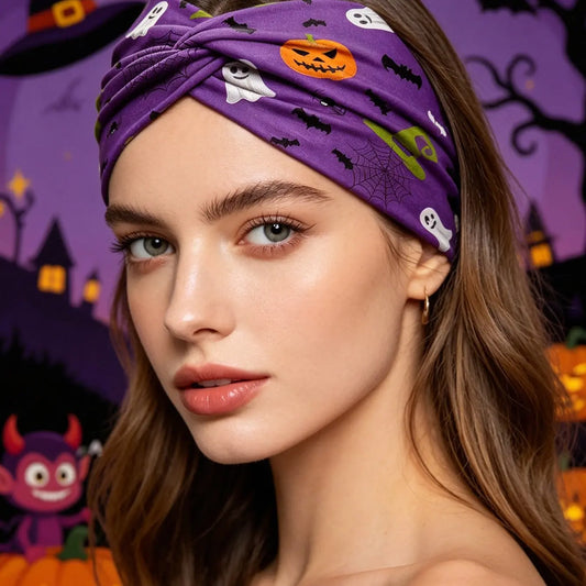 12pcs Solid Color & Halloween Themed Graphic Headbands, Pumpkin & Skull Pattern, Fashion Soft Funny Hair Accessories for Men and Women, Elastic Headbands for Holiday & Party, Sports Headbands for Workout & Yoga, Headband Set