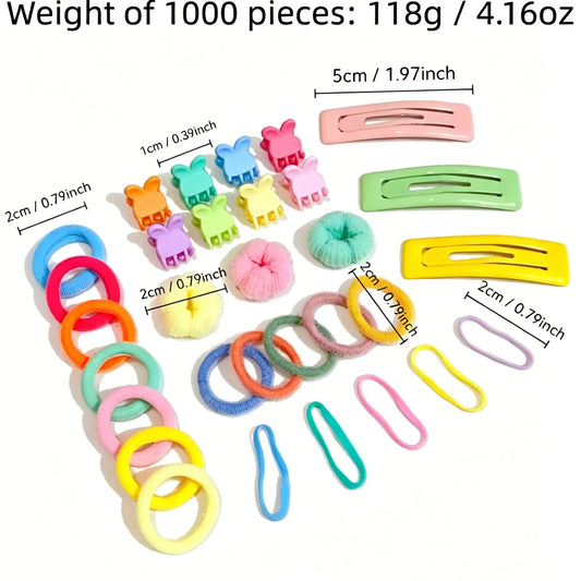 1000pcs Rainbow Hair Accessory Set. Includes Colorful Small Ties, Hair-Friendly Bands, Duckbill Clips & Small Claw Clips. Perfect for Little Girls' Daily Styling, Creative Hairstyles, School, Parties & Gift Giving