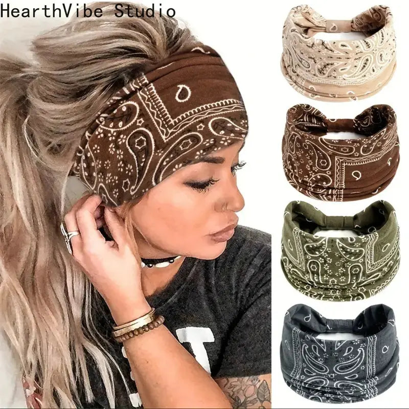 Women's 4-5 Pack Universal Cashew Pattern Elastic Polyester Sports Headbands - Boho Cotton Pattern, Breathable, Moisture-Wicking Sweatbands for Workout Look & Daily Wear, All Seasons Athletic Headwear
