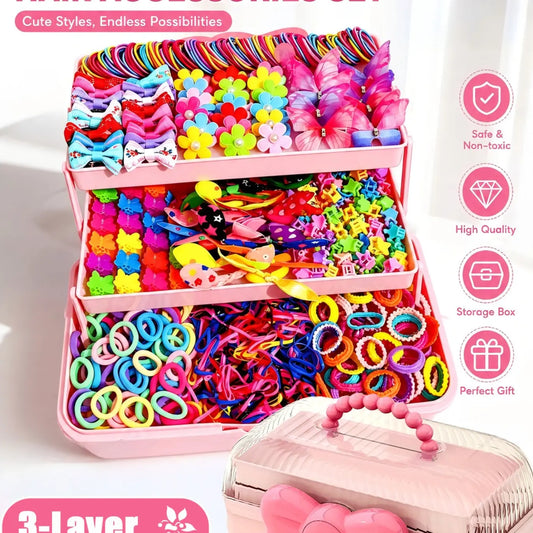 556pcs Candy Hair Accessory Gift Set. Rabbit Ear & Flower Ties, Small Elastics, Bows & 3D Butterfly Clips. Perfect for Daily Styling, School & Holidays, Versatile Use. Fun Creative Hairstyle Combo. Birthday Gift for Girls & Women Styling Kit