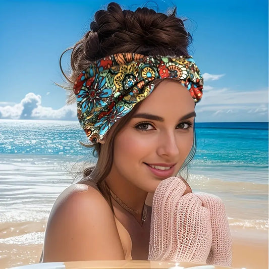 Wide Headbands Knotted Turban Headband Floral Non Slip Elastic Hairbands Workout Head Wraps Yoga Hair Scarfs Boho Fashion Hair Accessories for Women 5 Pcs
