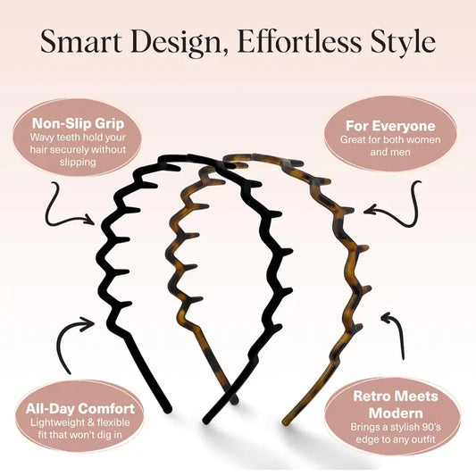 Zig Zag Headbands for Women Non Slip Fashion Accessories for Slicked Back Styles Comfortable Comb Headband with Teeth Recycled Plastic Tortoise & Black Headband 2 pcs