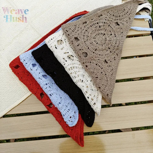 Women's 5-Pack Crocheted Triangle Scarf Bag Accessories - Vintage Wool Pastoral Bohemian Hollow Knit Head Wraps, Soft Warm All-Season DIY Luggage Accents with Metal Details for Daily Casual Use, Triangle Shape