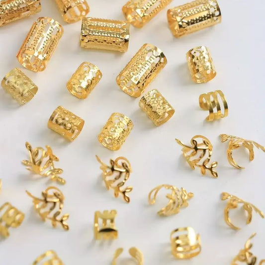 Women's Adjustable Metal Hollow Pattern Braid Hair Cuffs - 50PCS/Set, One Size, Metal Beads, Boho Glam Decor for Dreadlocks, Locs, Twists, Cornrows, Concerts, Adjustable Fit Leisure Hair Accessories