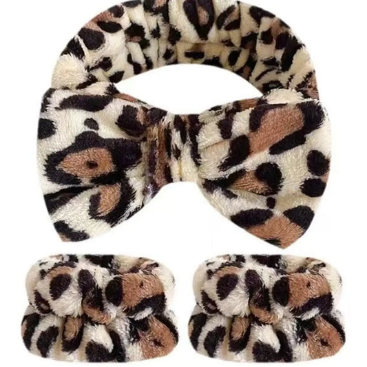 3pcs Leopard Girls Sponge Spa Headband Wristbands Hair Accessories Set For Party Gifts ,Daily Use, Wash Face, Makeup Use Lady Mom