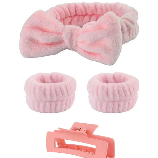 4PCS Girls Sponge Spa Headband Wristbands Hair Accessories Set With Hair Claw Clips For Party Gifts ,Daily Use, Wash Face, Makeup Use Lady Mom Hair Bows Headbands