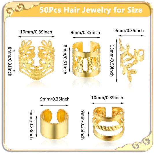 50 count Gold Hair Jewelry for Braids Accessories Loc Jewelry for Hair Dreadlocks Adjustable Hair Rings Hair Cuff Hair Charms Braid Jewelry Hair Beads Decorations for Men Women